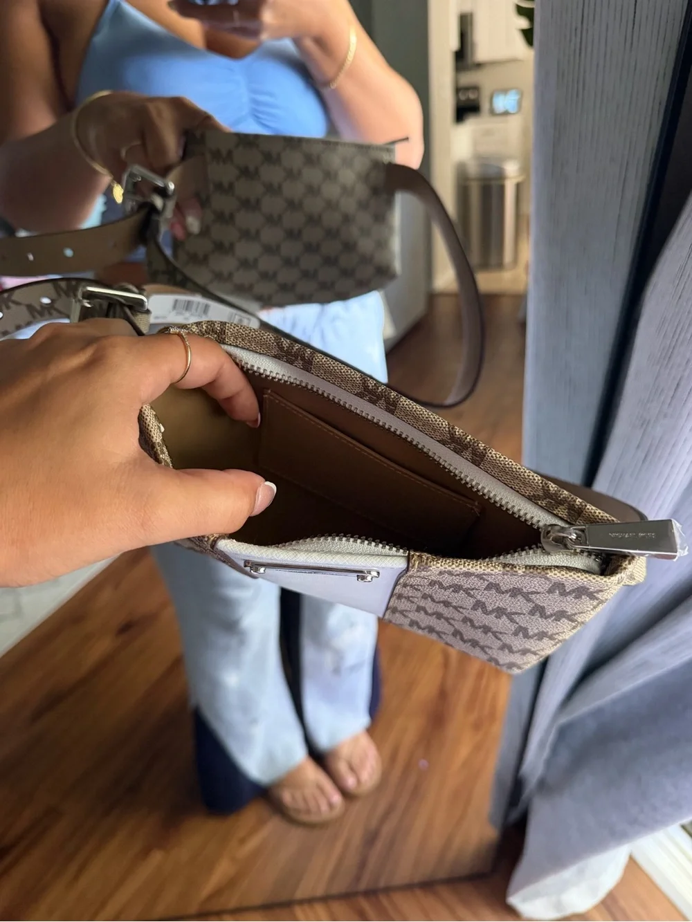 Michael Kors Beige Signature Logo FANNY PACK with White Center Panel